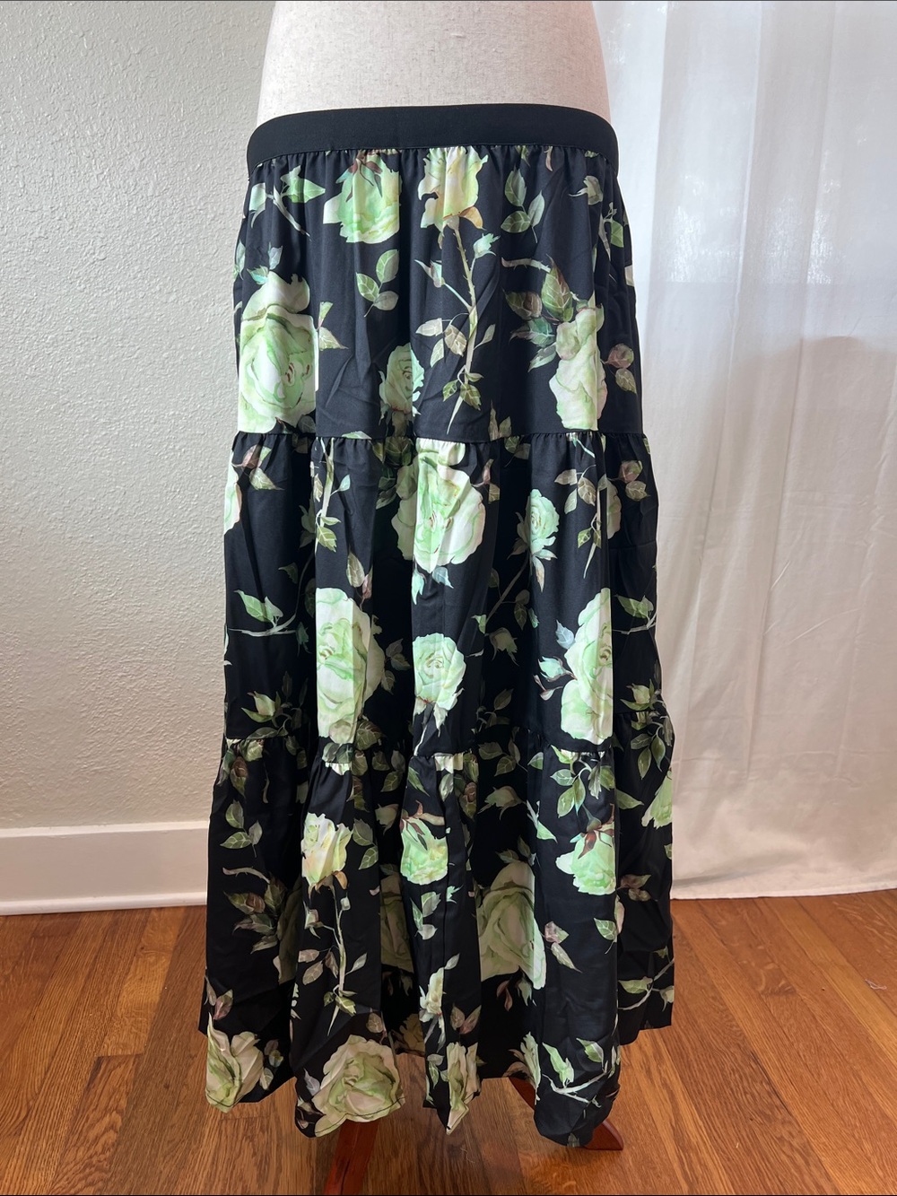 S-Deer Black Maxi Skirt with Green Rose Print. Size XXL. NWT